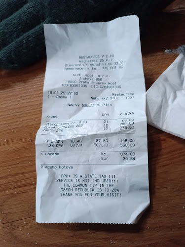 Opinii despre Restaurace V Cípu Michalská în Staré Město - Gastronomie a pohostinství